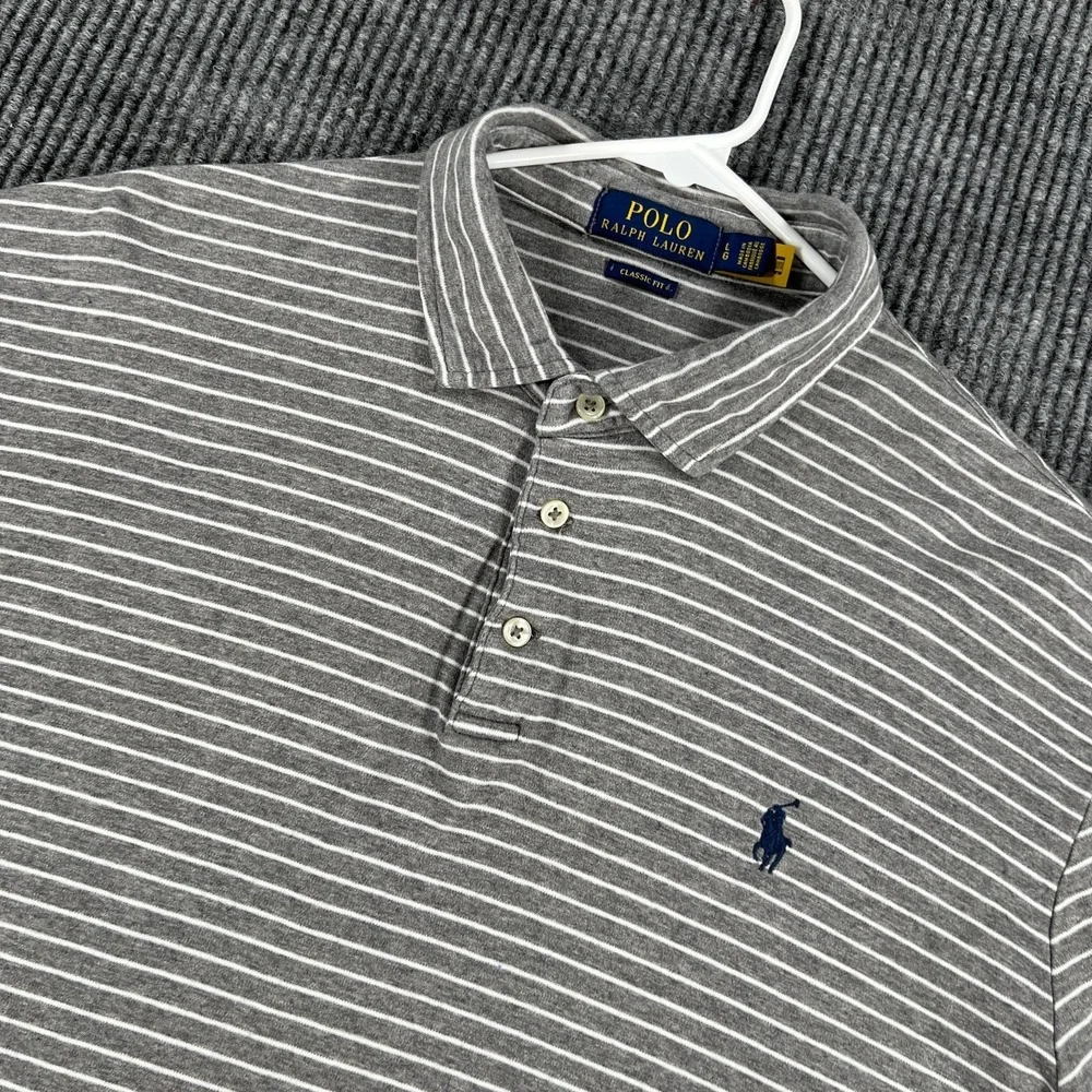 Polo Ralph Lauren Shirt Mens Large Gray Striped Short Sleeve Classic Fit Golf